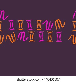 Seamless horizontal pattern of zodiac signs, doodles,  object, gemini,scorpio, copy space. Hand drawn.