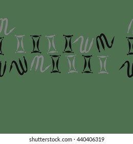 Seamless horizontal pattern of zodiac signs, doodles,  object, gemini,scorpio, copy space. Hand drawn.