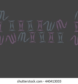 Seamless horizontal pattern of zodiac signs, doodles,  object, gemini,scorpio, copy space. Hand drawn.