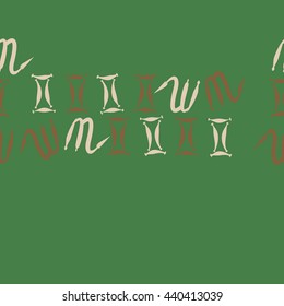 Seamless horizontal pattern of zodiac signs, doodles,  object, gemini,scorpio, copy space. Hand drawn.