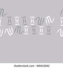 Seamless horizontal pattern of zodiac signs, doodles,  object, gemini,scorpio, copy space. Hand drawn.