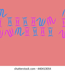 Seamless horizontal pattern of zodiac signs, doodles,  object, gemini,scorpio, copy space. Hand drawn.
