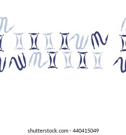 Seamless horizontal pattern of zodiac signs, doodles,  object, gemini,scorpio, copy space. Hand drawn.
