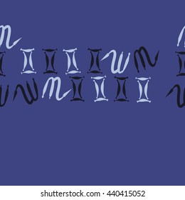 Seamless horizontal pattern of zodiac signs, doodles,  object, gemini,scorpio, copy space. Hand drawn.