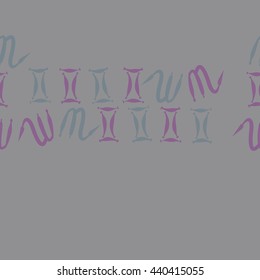 Seamless horizontal pattern of zodiac signs, doodles,  object, gemini,scorpio, copy space. Hand drawn.