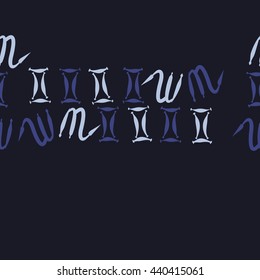 Seamless horizontal pattern of zodiac signs, doodles,  object, gemini,scorpio, copy space. Hand drawn.
