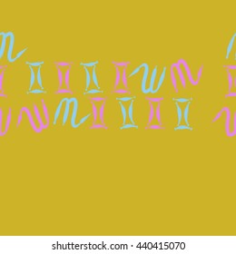 Seamless horizontal pattern of zodiac signs, doodles,  object, gemini,scorpio, copy space. Hand drawn.