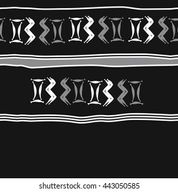 Seamless horizontal  pattern of zodiac signs, doodles,  object, gemini,aquarius, stripes, spot, copy space. Hand drawn.
