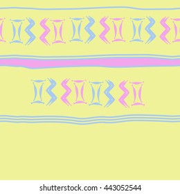 Seamless horizontal  pattern of zodiac signs, doodles,  object, gemini,aquarius, stripes, spot, copy space. Hand drawn.