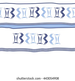 Seamless horizontal  pattern of zodiac signs, doodles,  object, gemini,aquarius, stripes, spot, copy space. Hand drawn.
