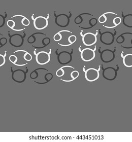 Seamless horizontal pattern of zodiac signs, doodles,  object, taurus, cancer, copy space. Hand drawn.