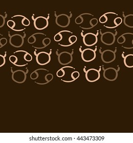 Seamless horizontal pattern of zodiac signs, doodles,  object, taurus, cancer, copy space. Hand drawn.