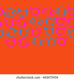 Seamless horizontal pattern of zodiac signs, doodles,  object, taurus, cancer, copy space. Hand drawn.