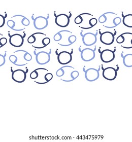 Seamless horizontal pattern of zodiac signs, doodles,  object, taurus, cancer, copy space. Hand drawn.