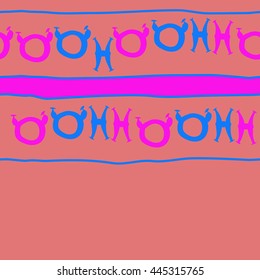 Seamless horizontal  pattern of zodiac signs, doodles,  object, taurus,pisces, stripe,spot,copy space. Hand drawn.