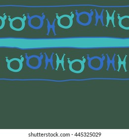 Seamless horizontal  pattern of zodiac signs, doodles,  object, taurus,pisces, stripe,spot,copy space. Hand drawn.