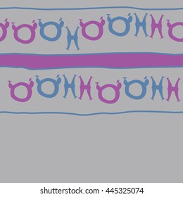 Seamless horizontal  pattern of zodiac signs, doodles,  object, taurus,pisces, stripe,spot,copy space. Hand drawn.