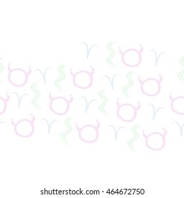 Seamless  horizontal pattern of zodiac signs, doodles,  object, taurus,aries, aquarius, copy space . Hand drawn.