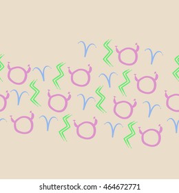 Seamless  horizontal pattern of zodiac signs, doodles,  object, taurus,aries, aquarius, copy space . Hand drawn.