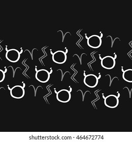 Seamless  horizontal pattern of zodiac signs, doodles,  object, taurus,aries, aquarius, copy space . Hand drawn.