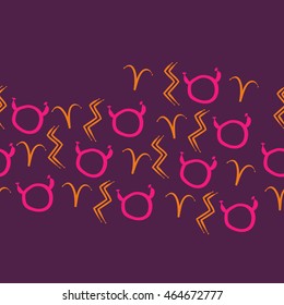 Seamless  horizontal pattern of zodiac signs, doodles,  object, taurus,aries, aquarius, copy space . Hand drawn.