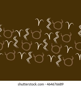 Seamless  horizontal pattern of zodiac signs, doodles,  object, taurus,aries, aquarius, copy space . Hand drawn.