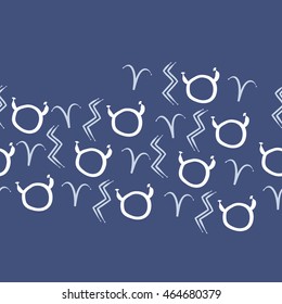 Seamless  horizontal pattern of zodiac signs, doodles,  object, taurus,aries, aquarius, copy space . Hand drawn.