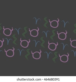 Seamless  horizontal pattern of zodiac signs, doodles,  object, taurus,aries, aquarius, copy space . Hand drawn.