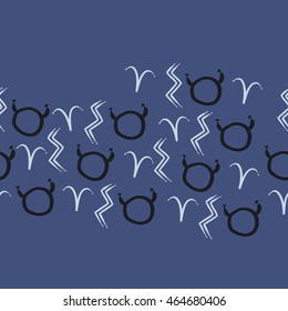 Seamless  horizontal pattern of zodiac signs, doodles,  object, taurus,aries, aquarius, copy space . Hand drawn.