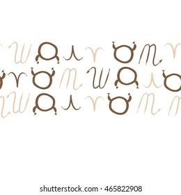 Seamless horizontal pattern of zodiac signs, doodles,  object, taurus,aries, scorpios, copy space . Hand drawn.