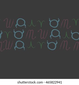 Seamless horizontal pattern of zodiac signs, doodles,  object, taurus,aries, scorpios, copy space . Hand drawn.
