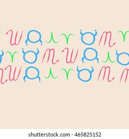 Seamless horizontal pattern of zodiac signs, doodles,  object, taurus,aries, scorpios, copy space . Hand drawn.