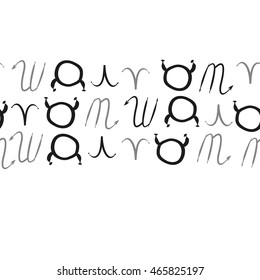 Seamless horizontal pattern of zodiac signs, doodles,  object, taurus,aries, scorpios, copy space . Hand drawn.