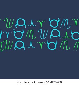 Seamless horizontal pattern of zodiac signs, doodles,  object, taurus,aries, scorpios, copy space . Hand drawn.