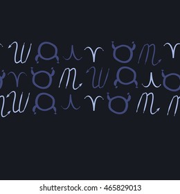 Seamless horizontal pattern of zodiac signs, doodles,  object, taurus,aries, scorpios, copy space . Hand drawn.