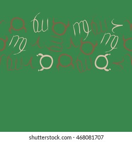 Seamless  horizontal pattern of zodiac signs, doodles,  object, taurus,aries, virgo, copy space . Hand drawn.