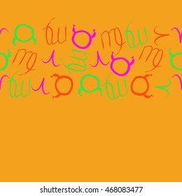 Seamless  horizontal pattern of zodiac signs, doodles,  object, taurus,aries, virgo, copy space . Hand drawn.