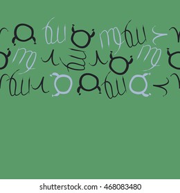Seamless  horizontal pattern of zodiac signs, doodles,  object, taurus,aries, virgo, copy space . Hand drawn.