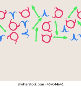 Seamless  horizontal pattern of zodiac signs, doodles,  object, taurus,aries,sagittarius , copy space. Hand drawn.