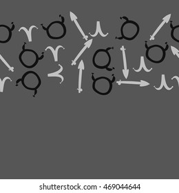 Seamless  horizontal pattern of zodiac signs, doodles,  object, taurus,aries,sagittarius , copy space. Hand drawn.