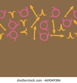 Seamless  horizontal pattern of zodiac signs, doodles,  object, taurus,aries,sagittarius , copy space. Hand drawn.