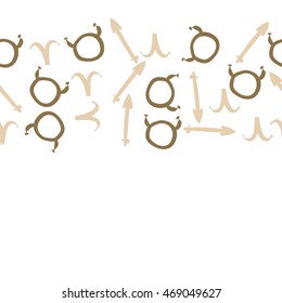 Seamless  horizontal pattern of zodiac signs, doodles,  object, taurus,aries,sagittarius , copy space. Hand drawn.
