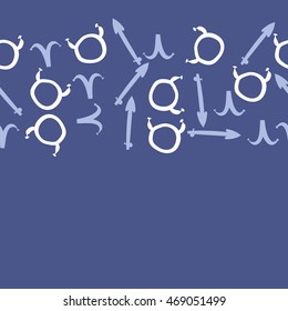 Seamless  horizontal pattern of zodiac signs, doodles,  object, taurus,aries,sagittarius , copy space. Hand drawn.