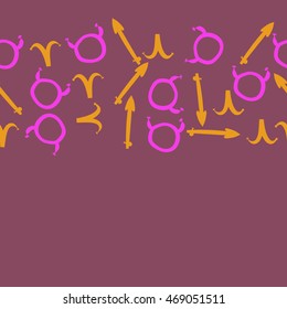 Seamless  horizontal pattern of zodiac signs, doodles,  object, taurus,aries,sagittarius , copy space. Hand drawn.