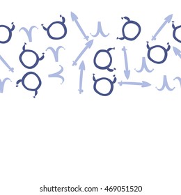 Seamless  horizontal pattern of zodiac signs, doodles,  object, taurus,aries,sagittarius , copy space. Hand drawn.