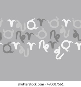 Seamless  horizontal pattern of zodiac signs, doodles,  object, taurus,aries,capricorn, copy space. Hand drawn.