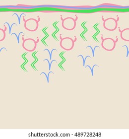 Seamless  horizontal pattern of zodiac signs, stripes . Hand drawn.