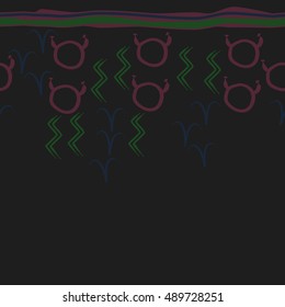 Seamless  horizontal pattern of zodiac signs, stripes . Hand drawn.