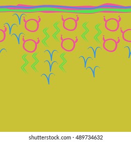 Seamless  horizontal pattern of zodiac signs, stripes . Hand drawn.