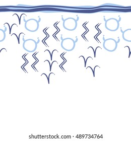 Seamless  horizontal pattern of zodiac signs, stripes . Hand drawn.
